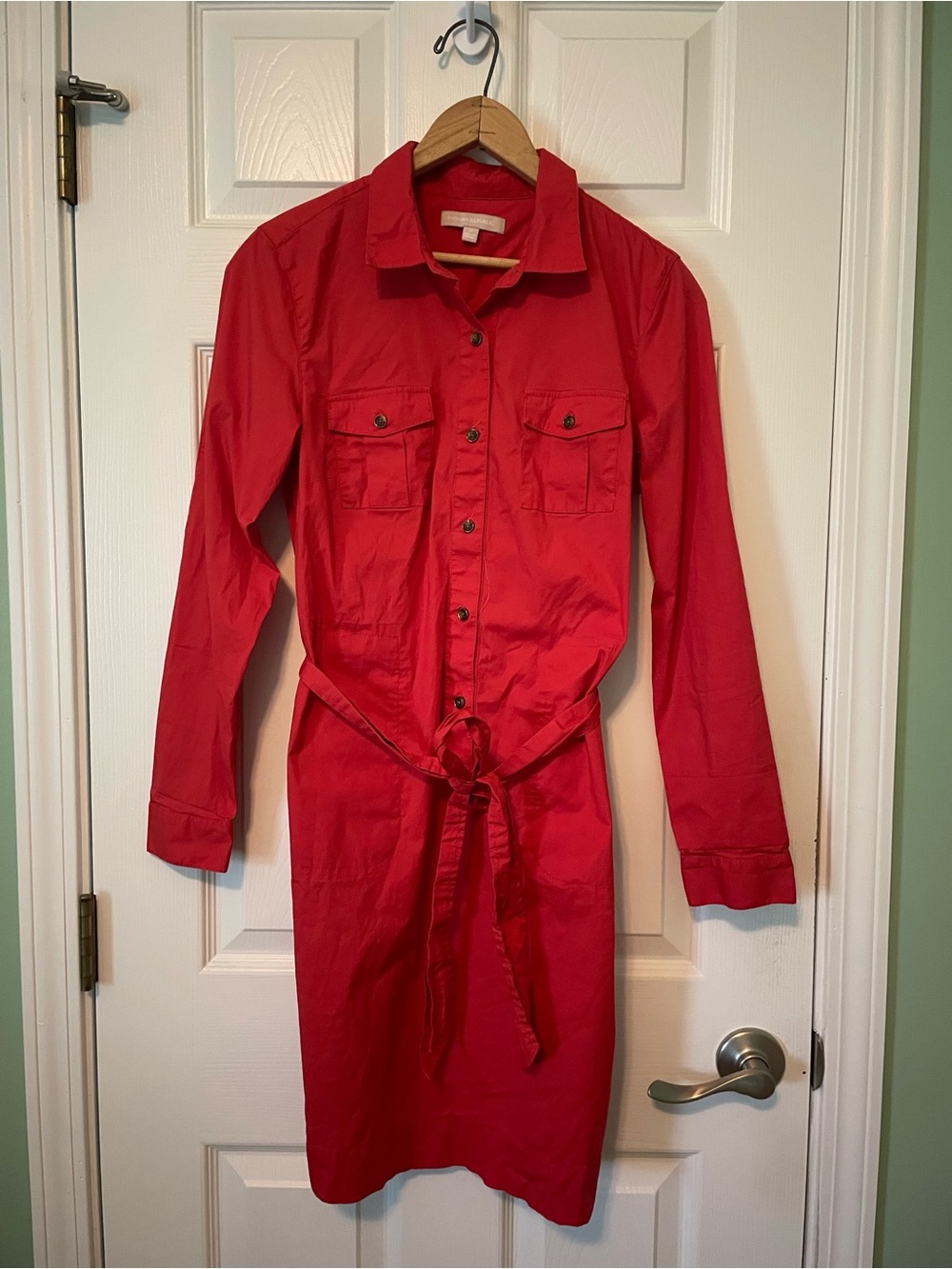 Banana Republic Red Utility Belted Long-Sleeve Shirt Dress Safari Size 8